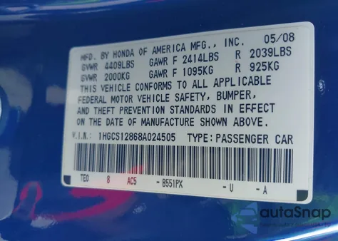 2008 Honda Accord 2.4 Ex-L/Ex-L из США, поврежденный, VIN 1HGCS12868A024505